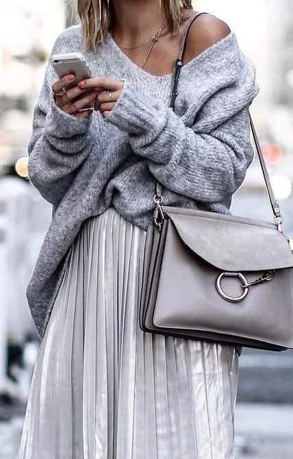 gray sweater and silver skirt