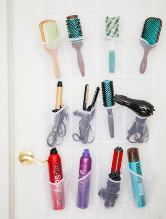 brushes and styling accessories in an organizer