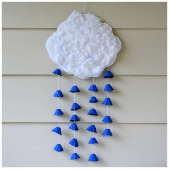 white cotton cloud and rain in piece of egg box painted blue
