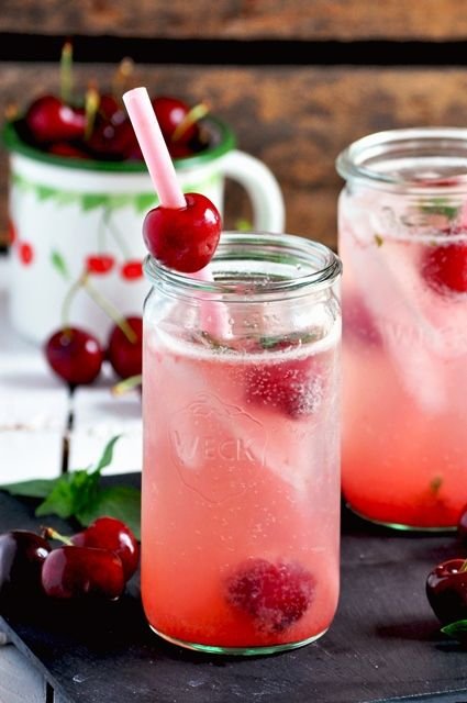 Cherry cocktail, lemonade and basil