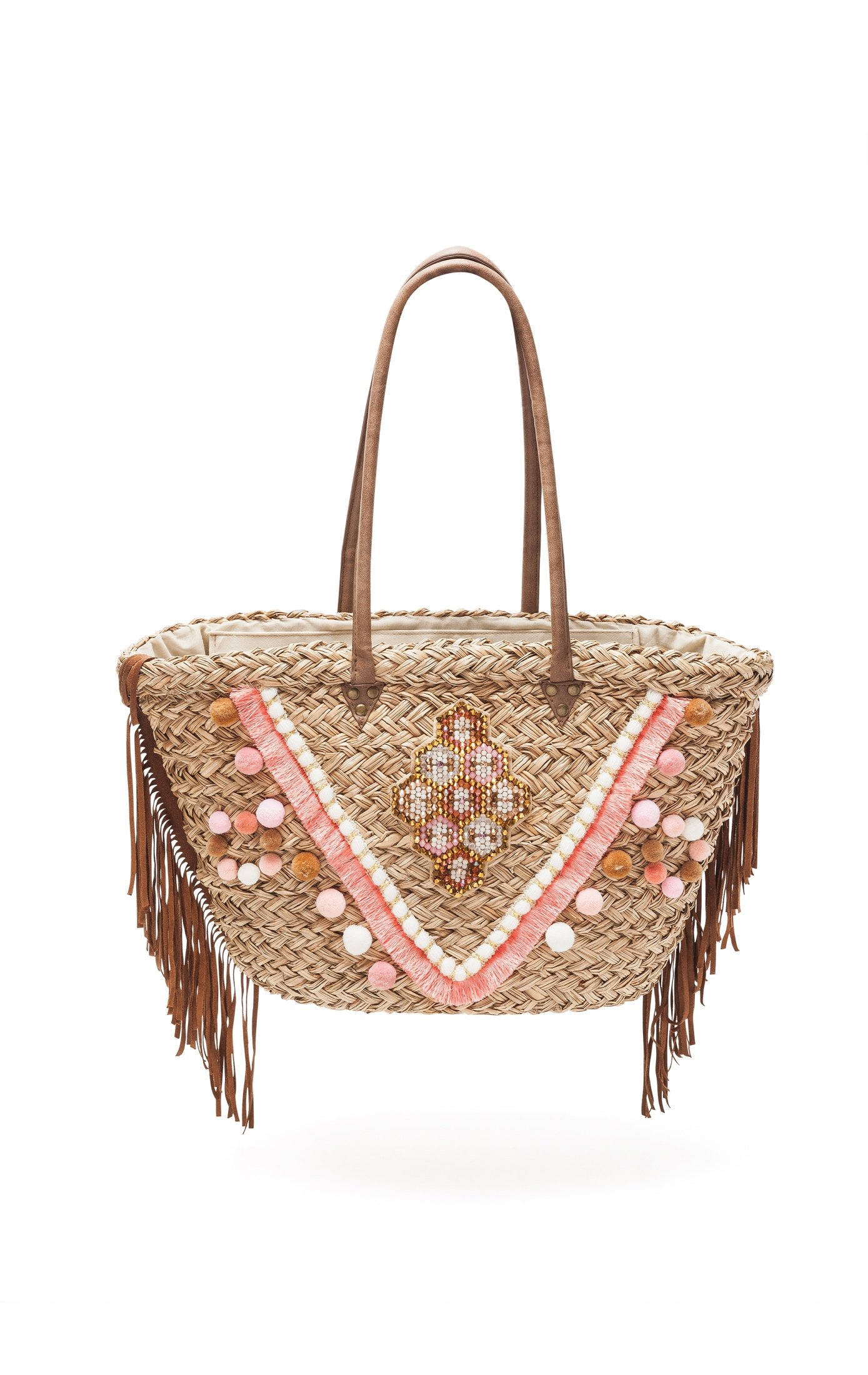 Braided straw basket embroidered with pearls and pompons