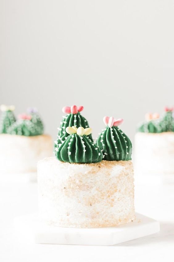 small white cake covered with 3 cactus flowers butter cream