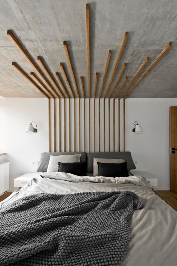 wooden headboard running on the ceiling