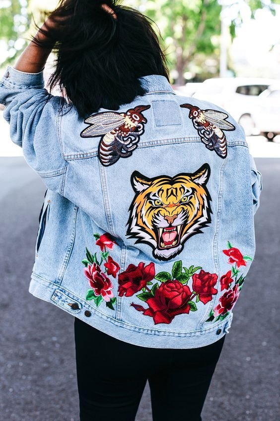 tiger patches, birds and flowers stuck in the back