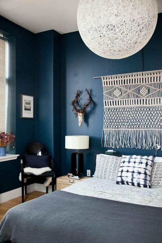 dark blue walls and white decor