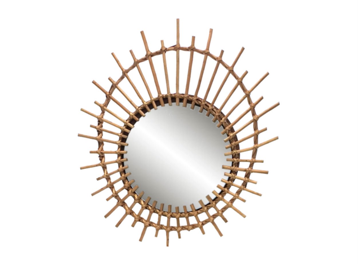 round mirror surrounded by a second rattan oval