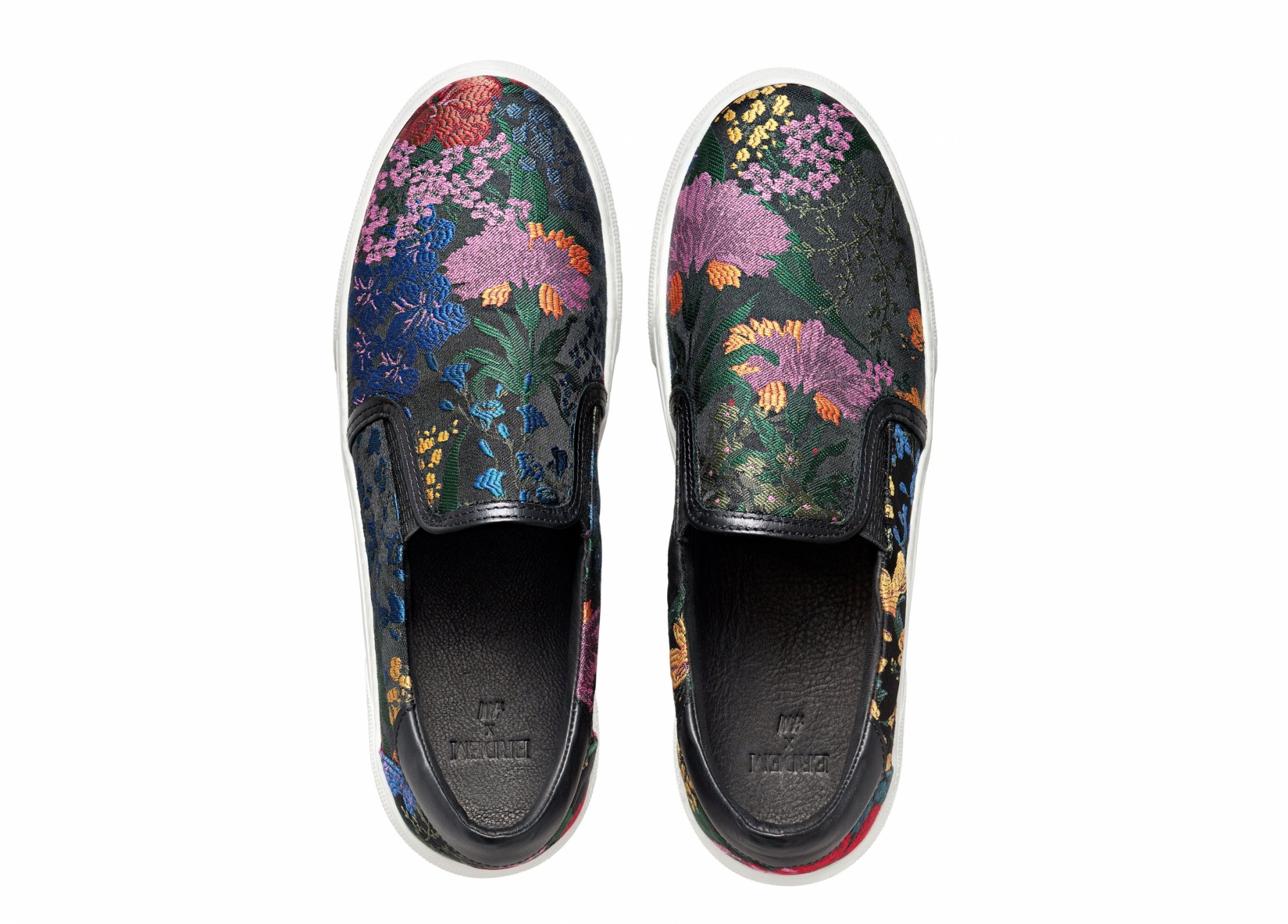 black slip on shoes with colorful flowers