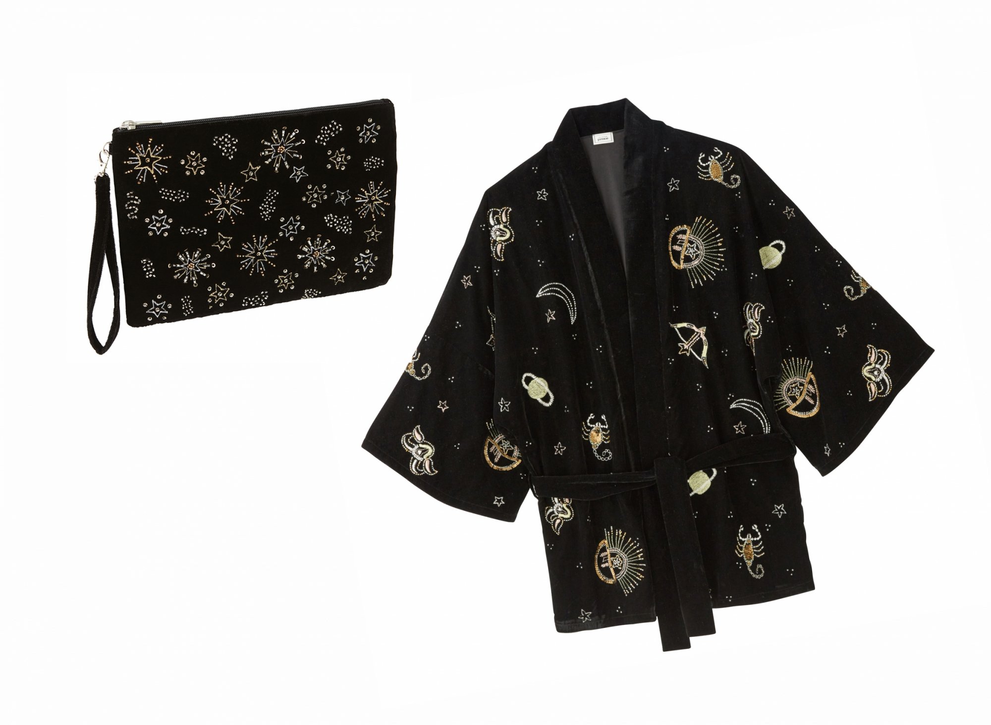 kimono and black velvet clutch printed galaxy