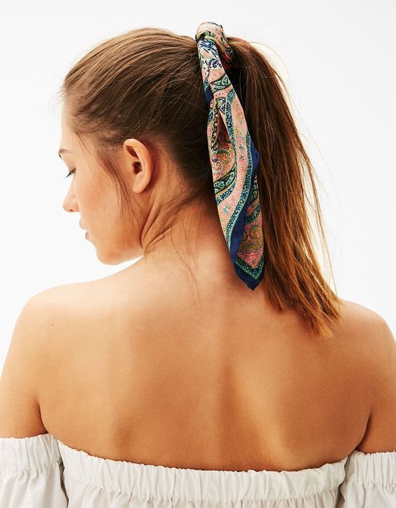 scarf tied around a ponytail
