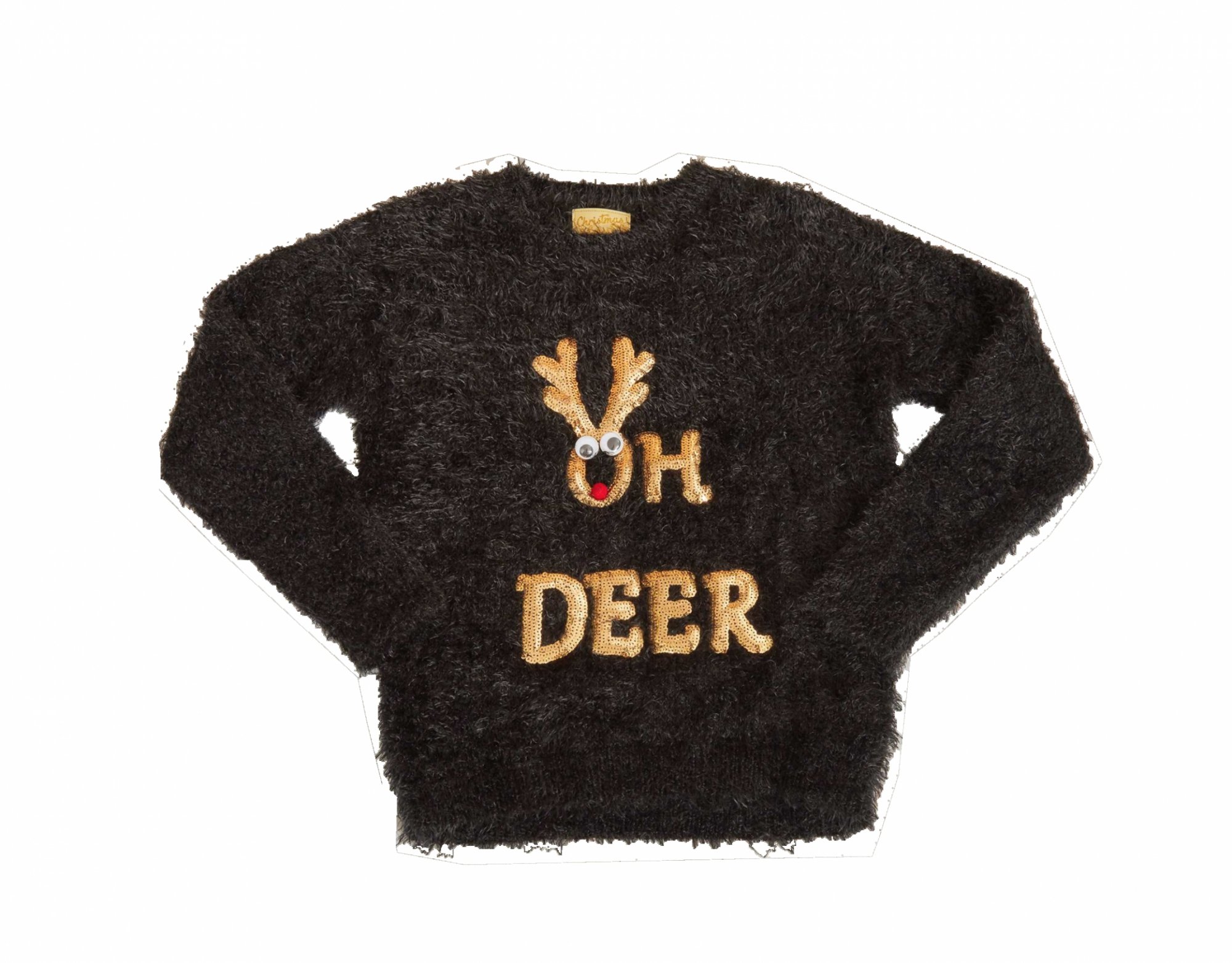 black hairy effect sweater with glittered reindeer