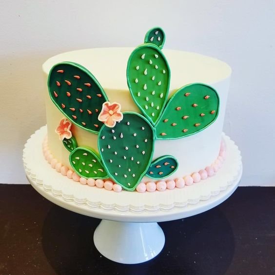 cake covered with white sugar paste and with a cactus in green sugar paste