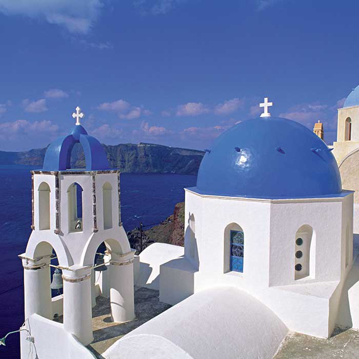 View of a church in the village of Oia, Santorini