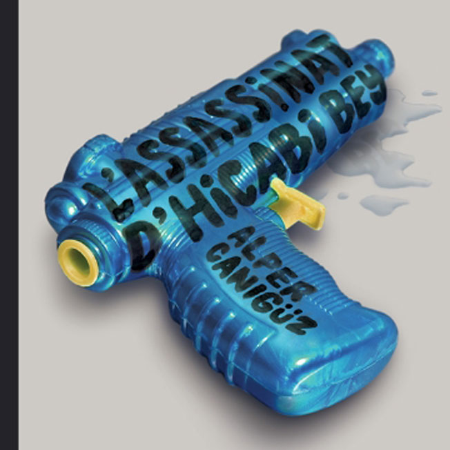 The title of the book is inscribed on a blue pistol